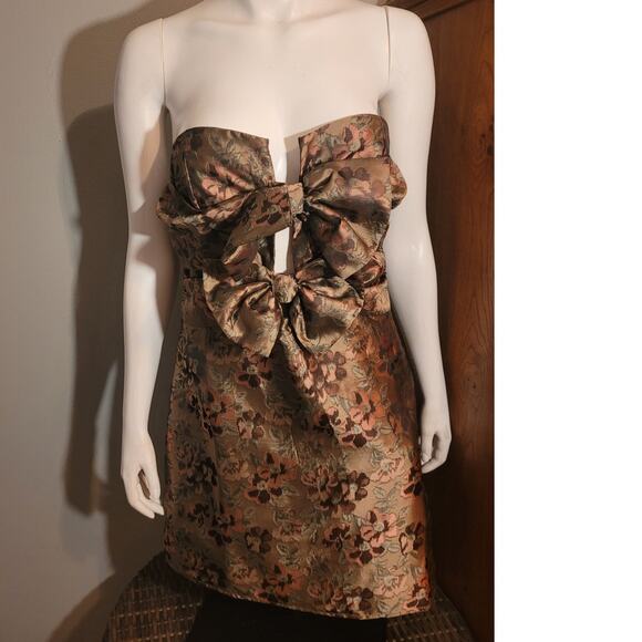 Storia Floral Jacquard Bow Front Strapless Party Dress Large Brown Autumn Satin - Picture 1 of 10